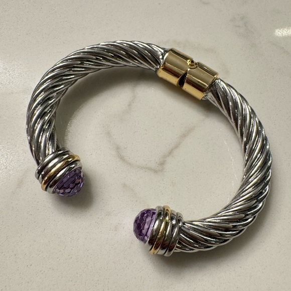 Two Tone Cable Bracelet Hinged Open Cuff with Large Purple Crystals - Picture 9 of 14